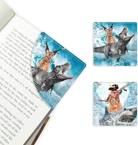 2 Pack Funny Cat and Shark Leather Book Corner Bookmark, Durable Handmade Reading Accessories - Gifts for Readers, Women, Men, Teachers, Students 2