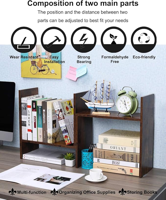 PAG Adjustable Desktop Shelf Wood Small Bookshelf Desk Supplies Organizers and Accessories Storage Display Rack Office Decor, Antique Brown