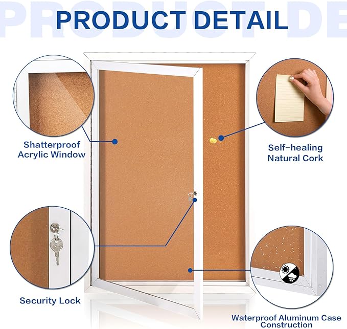 SWANCROWN Enclosed Bulletin Board Cork Displays Boards Weather Resistant Wall Mounted Notice Case, 28x20inches