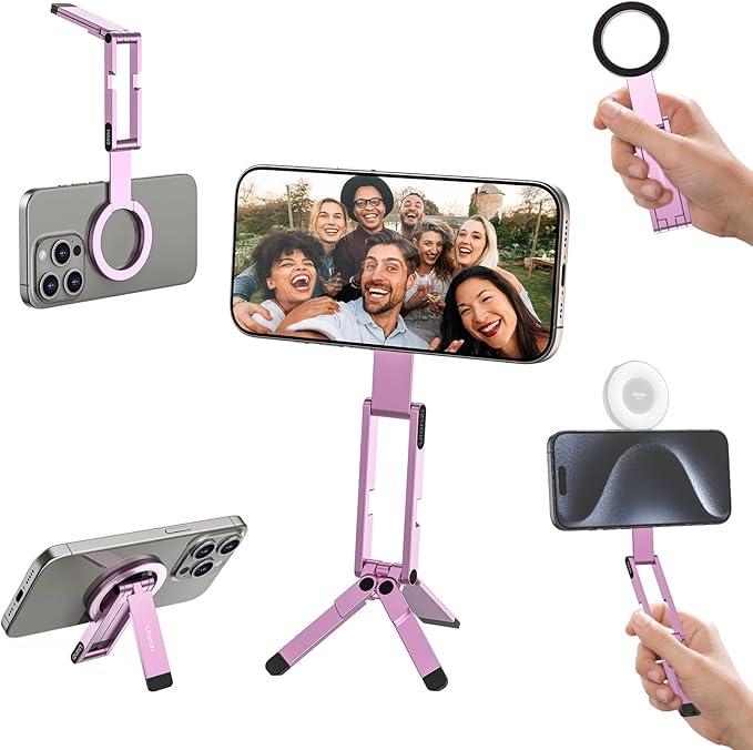 ULANZI MA60 Magnetic Phone Tripod Stand for iPhone - Aluminium Smartphone Mini Tripod Pocket Cell Phone Stand Strong Magnet Quick Mount Compatible with iPhone 16 15 14 13 12 Series, Pink