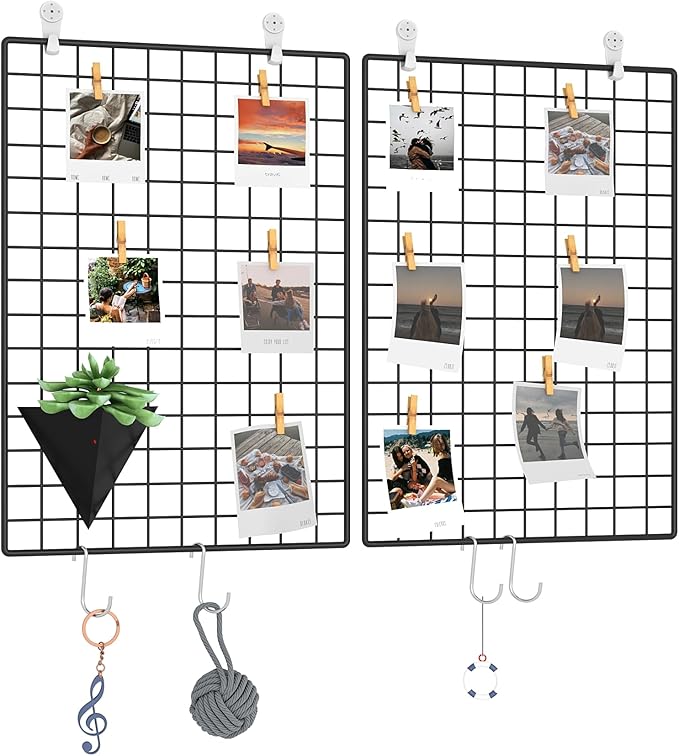 C&AHOME Photo Wall Display Set of 2, Grid Panel with Hooks, Clips, Hemp Cord, Hammer - 17.7" x 25.6", Black UWWGM4565B