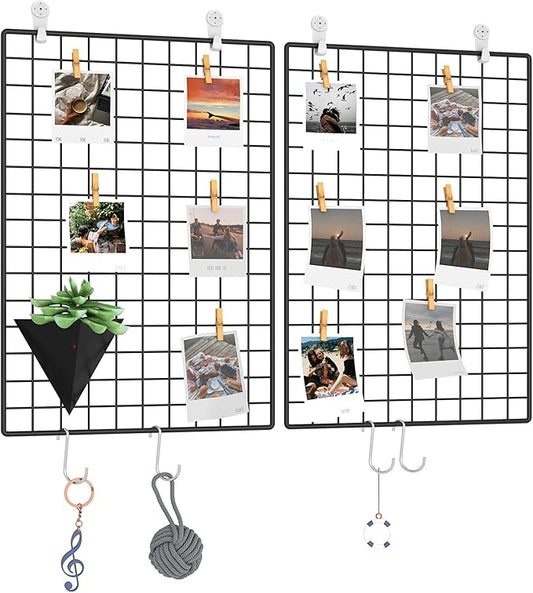 C&AHOME Photo Wall Display Set of 2, Grid Panel with Hooks, Clips, Hemp Cord, Hammer - 17.7" x 25.6", Black UWWGM4565B