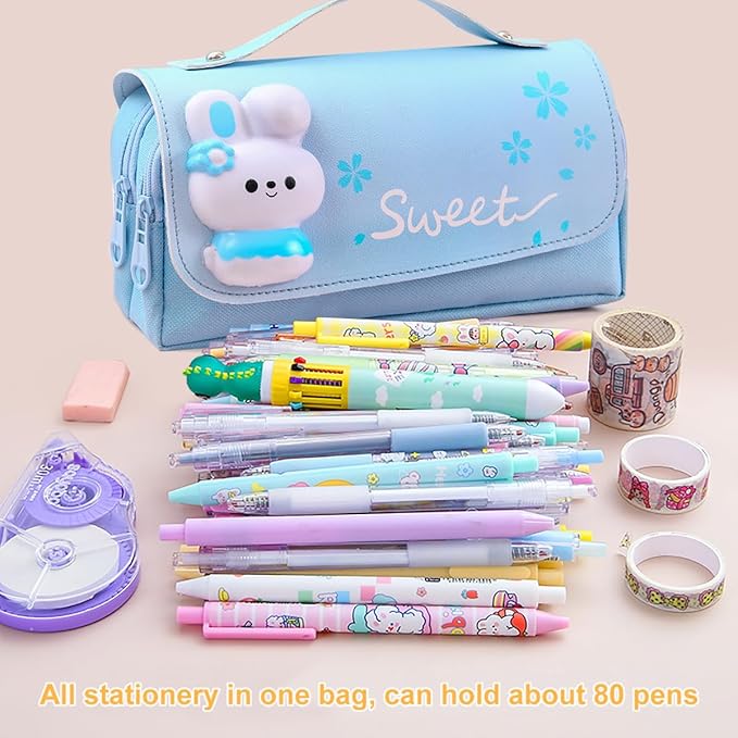 MCWTH Pencil Case for Girls, Kids Large Capacity Cute Pencil Box with Compartments School Organizer Pen Pouch (Sakura Blue)