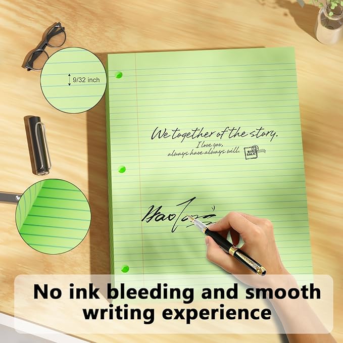 Green Loose Leaf Paper 200 Sheets Colored Filler Paper 2 Pack 8 * 10.5 College Ruled Paper 3-Hole Punched Paper for 3-Ring Binders Notebook Lined 8" x 10.5"