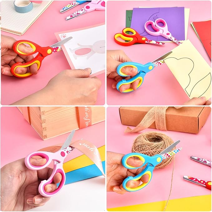Left Handed Kids Scissors, Lefty Safety Toddler Children Scissors, Small Craft Scissors with Blunt Tip - Fun Print Blade, Great for DIY, Arts, Home, School Classroom Use, Assorted Color, 3-Pack