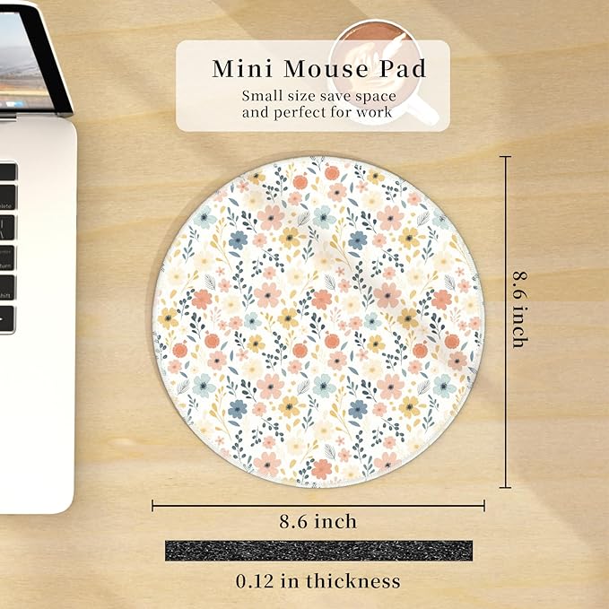 Mouse Pad for Desk, White Floral Flowers Small Cute Mousepad with Non-Slip Base, Round Mouse Pads for Wireless Mouse Laptop Gaming, Computer Mouse Mat for Home Office Travel Desk Accessories