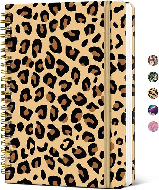 Taja Spiral Journal Notebook for Women, Pretty Hardcover Lined Notebook for Work & Note Taking, Aesthetic Cute Journal for Writing, 140 Pages, 5.8"x8.3", Leopard
