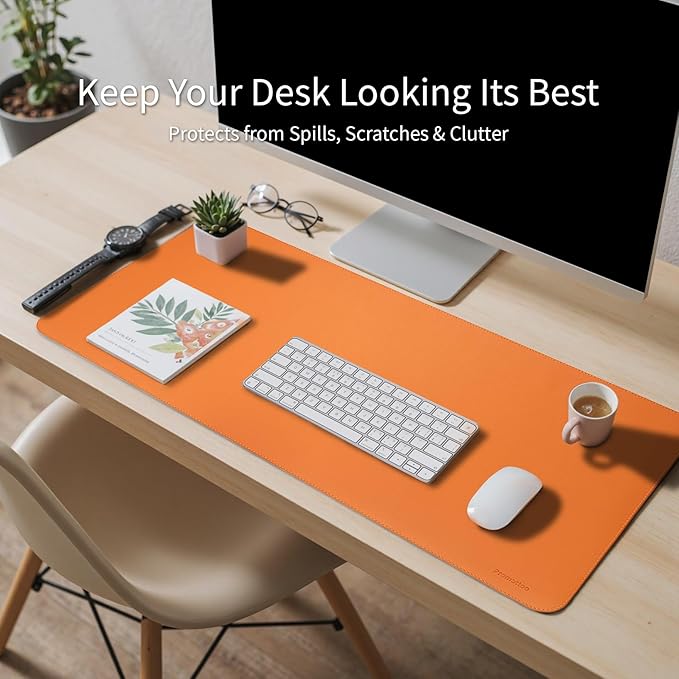 Oversized Non-Slip Desk Pad Protector with Premium Gift Box – Vegan Leather Waterproof Laptop Mat for Keyboard & Mouse, Grips Desk Firmly – Large Office Pad – Sunset Orange
