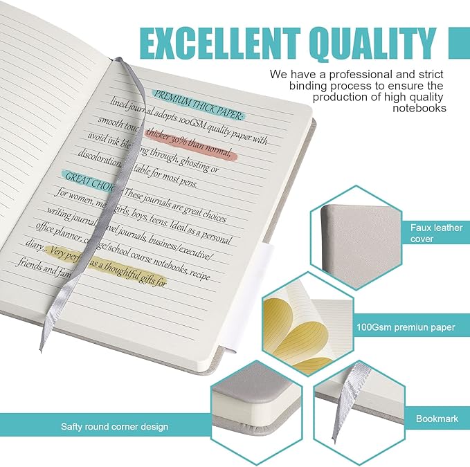 Lined Journal Notebook, 6Pack Hardcover Notebook for Men & Women – Journals for Writing, Work, School, Home & Daily Notes, 160 Pages – Medium A5, 5.7"x8", 100 gsm Thick Paper (Grey)