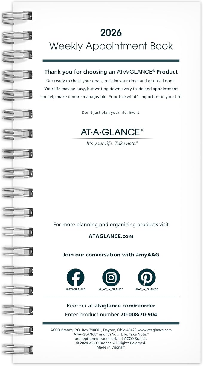 AT-A-GLANCE 2026 Weekly Appointment Book Planner Refill for 70-008, 3-1/4" x 6-1/4", Pocket Size (709041026)