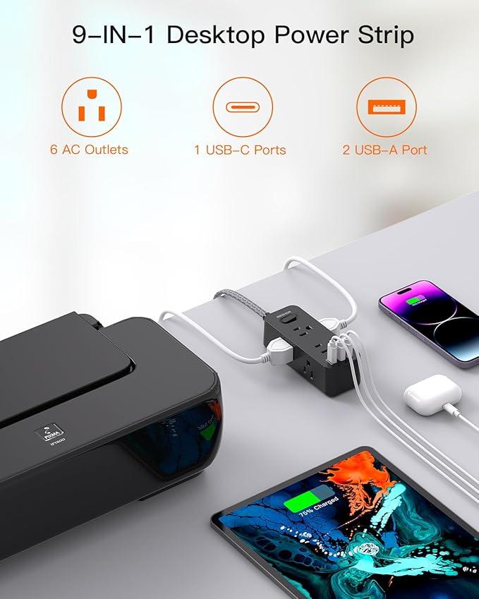 Black Power Strip Surge Protector, BESHON 5Ft Extension Cord, 6 Outlets with 3 USB Ports(1 USB C Outlet), 3-Side Outlet Extender, Wall Mount, Compact for Travel, Home, College Dorm Room, and Office