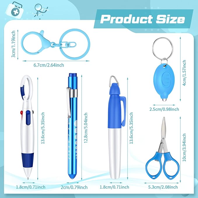 6 Pcs Nurse Pen Set Include Permanent Marker Pen Retractable Ballpoint Pen Keychain Clip Foldable Scissors Lights LED Flashlight Keychain for Nurse Accessories(Blue)