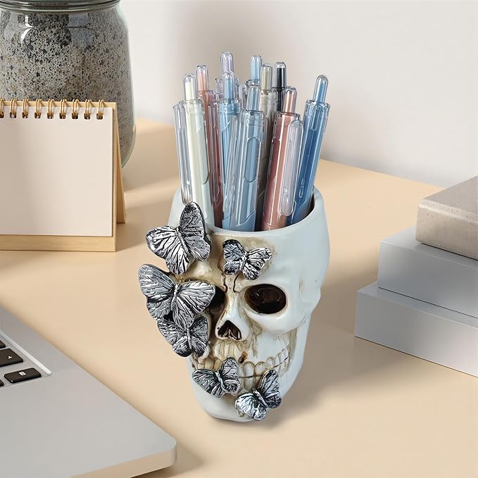 Skull Pen Holder Desk Organizer, Halloween Decor Skull Pencil Cup for Office Home School, Compact Gothic Desk Accessories Gift for Skull Lovers