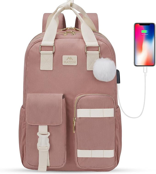 MATEIN Laptop Backpack for Women, Cute Corduroy Computer Backpack with USB Charging Port & Water Bottle Holder, TSA Lightweight Aesthetic Bag Work Business Backpack College Teacher Bags, Pink