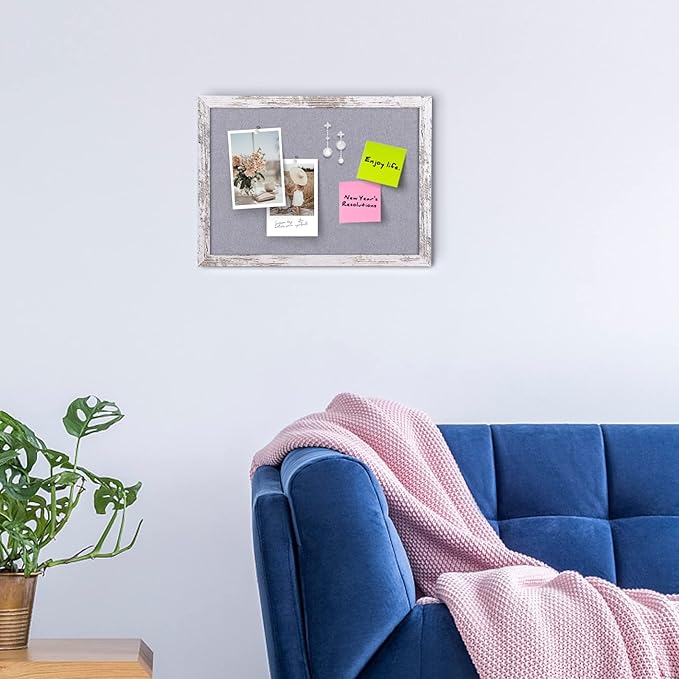 Gray Felt Bulletin Board, 14.2x10.2 inches Decorative Hanging Bulletin Boards for Walls with White Rustic Wood Frame, Pin Board Vision Board for Office Home School with Pins (2636,WH,1pc)