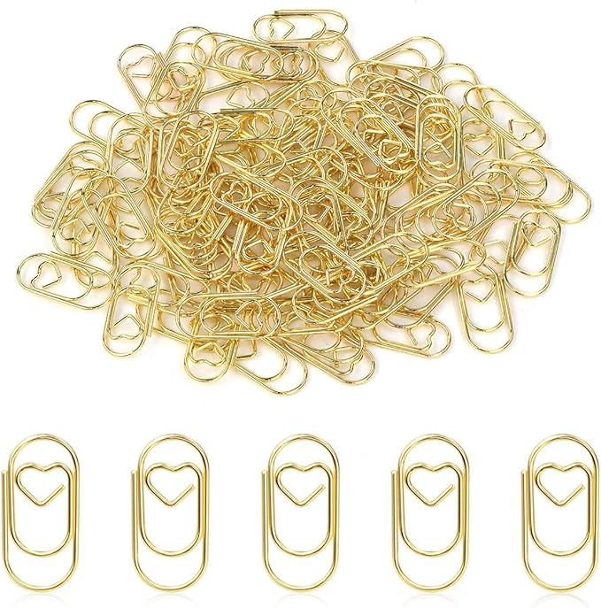 100 Pcs Love Heart Shaped Paper Clips, 0.78inch Cute Mini Paperclips for Office School Home Desk Organizers (Gold)