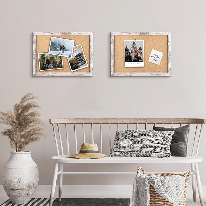 Cork Board Bulletin Board, 14.2x10.2 inches Decorative Hanging Framed Cork Boards for Walls, Pin Board Vision Board for School Home Office, Bulletin Board with White Wood Frame (2636,WH,2pc)