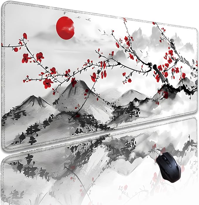 Japanese Sakura Mouse Pad 31.5x11.8 Inch Watercolor Cherry Blossom Floral White Desk mat Large Non-Slip Rubber Base Waterproof with Stitched Edges for Gaming and Office(Red Moon)