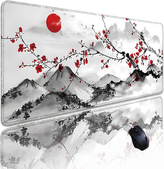 Japanese Sakura Mouse Pad 31.5x11.8 Inch Watercolor Cherry Blossom Floral White Desk mat Large Non-Slip Rubber Base Waterproof with Stitched Edges for Gaming and Office(Red Moon)