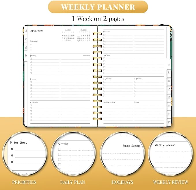 2026 Planner, A5 Weekly and Monthly Planners with Tabs, Spiral Bound Daily Calendar 2026 Planner, Agenda Organizers from Jan. to Dec., Hardcover Habit Tracker Journal 6.18" x 8.5"(Orange Flower)