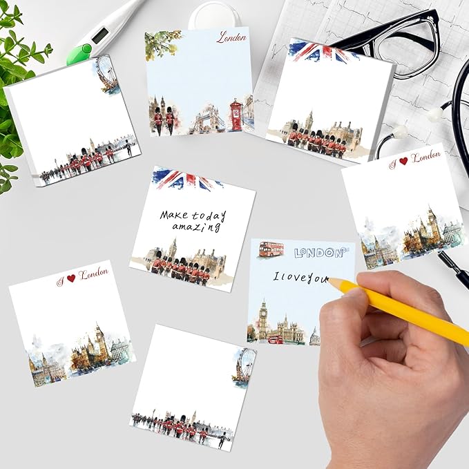 London Sticky Notes Gifts - 9 Pack Watercolor London City Notepads 3x3 Inches, Traveler Souvenirs Self-Stick Memo Pad Office School Supplies for Students Coworkers (450 Sheets)