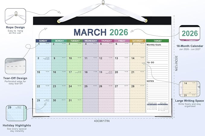 Desk Calendar 2026-2027, 18 Months Calendar from Jan. 2026 to Jun. 2027, 17" x 12" Large Desktop/Wall Monthly Calendar with Corner Protectors, Ample Space ＆ Target for Home, School, Office