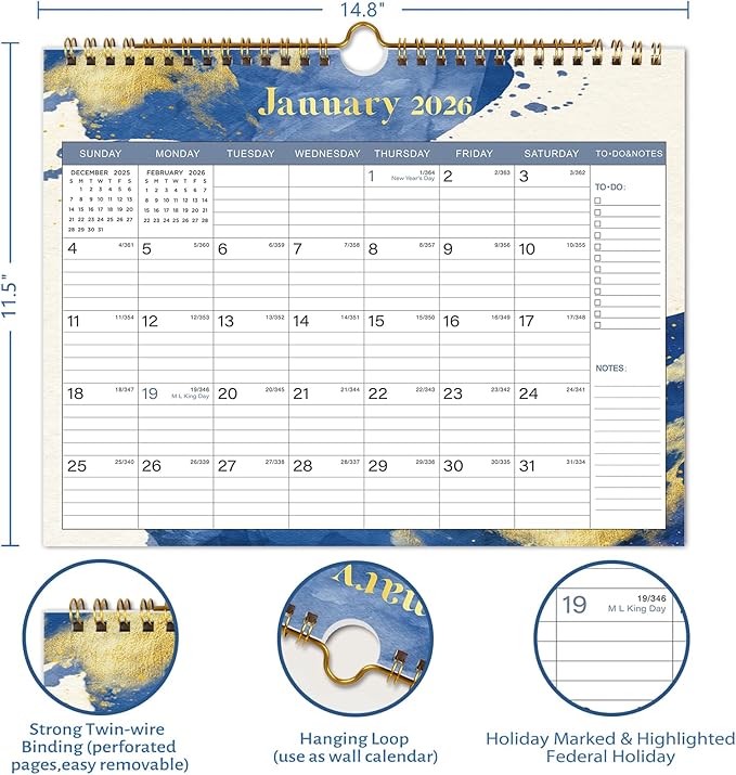 2026 Calendar - 12 Monthly Wall Calendar 2026, January 2026 - December 2026,11.5" x 14.8", 2026 Calendar with Twin-Wire Binding, Hanging Hook, Blocks and Julian Dates (Wall Calendar Blue)