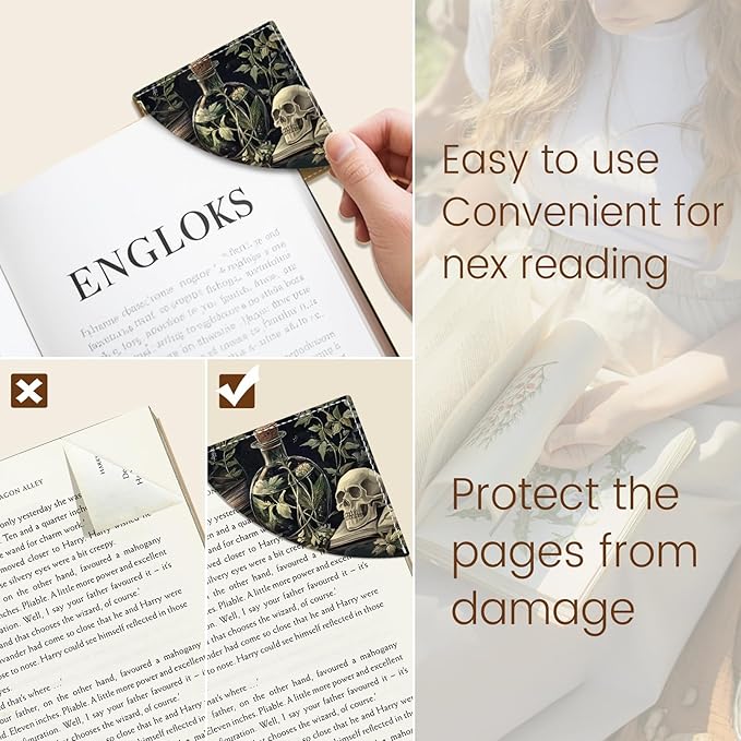 Gothic Skull Corner Bookmarks, Funny Bookshelf Leather Book Accessories for Book Lovers, 3 Pcs Reading Book Page Markers for Women Men Student Teacher Retirement Birthday Gifts