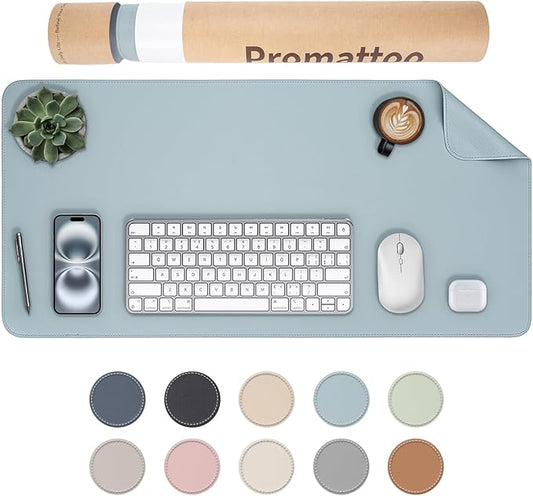 Oversized Non-Slip Desk Pad Protector with Premium Gift Box – Vegan Leather Waterproof Laptop Mat for Keyboard & Mouse, Grips Desk Firmly – Large Office Pad– Morning Fog Blue