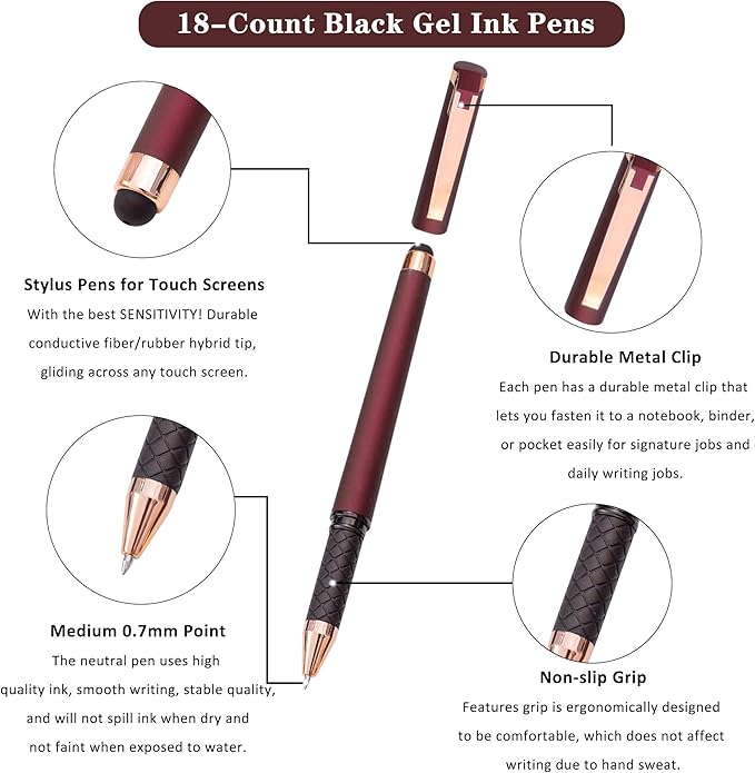 Linbsunne Black Gel Pens 0.7mm Medium Point Pen Office Pens 2-in-1 Stylus Pens for Touch Screens Gel Ink Rollerball Pens for Writing (18 Pack-red)