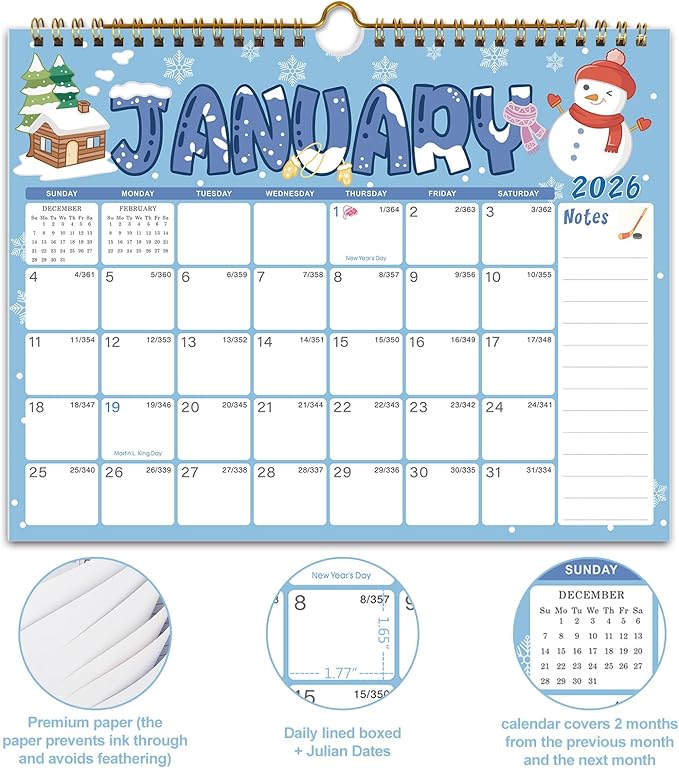 2026 Wall Calendar - 12 Monthly Calendar 2026, January 2026 - December 2026,11.5" x 14.8", 2026 Calendar with Twin-Wire Binding, Hanging Hook, Blocks and Julian Dates (Wall Calendar Seasonal)