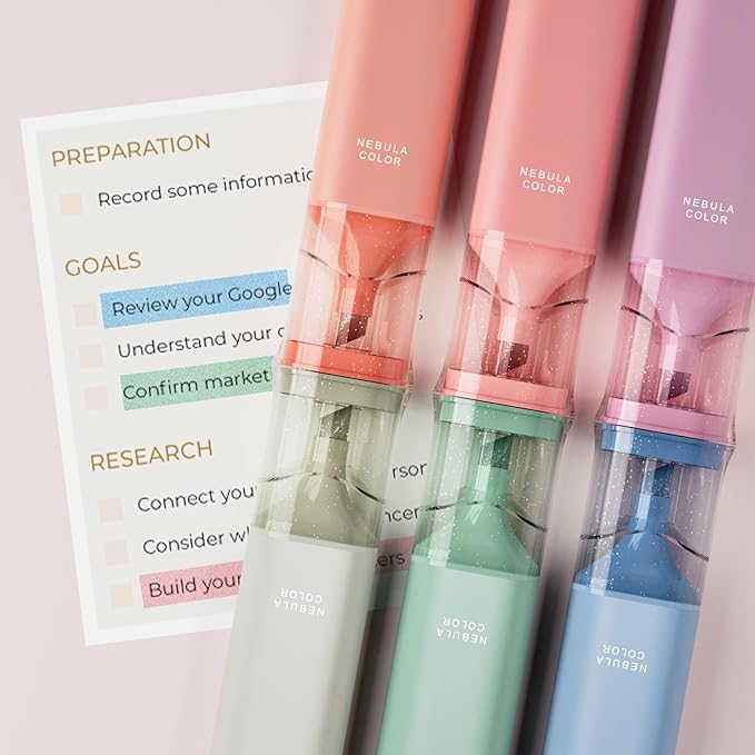 6 Pcs Glitter Highlighters,Nebula Color Glitter Highlighter Assorted Colors,No Bleed Dry Fast Easy to Hold Bible Highlighters,School and Office Supplies for Marking Drawing Journaling