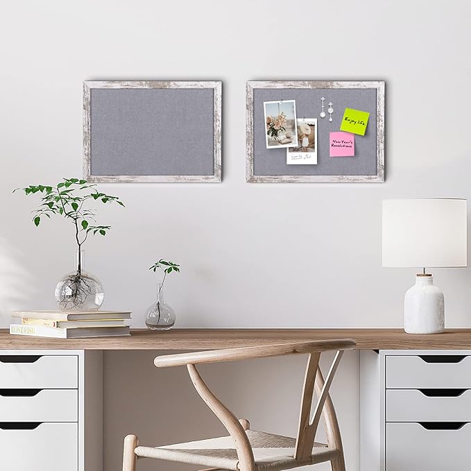 Gray Felt Bulletin Board, 14.2x10.2 inches Decorative Hanging Bulletin Boards for Walls with White Rustic Wood Frame, Pin Board Vision Board for Office Home School with Pins (2636,WH,2pc)