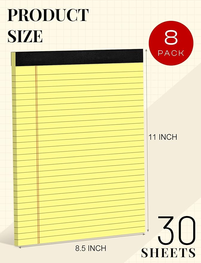 8 Pack Yellow Legal Pads 8.5 x 11 Wide Ruled Note Pads 8.5x11 Lined Paper Writing Pads Notepads 8.5 x 11 Notebook Paper for Work Legal Notepads Yellow Pads of Paper 30 Sheets per Legal Pad