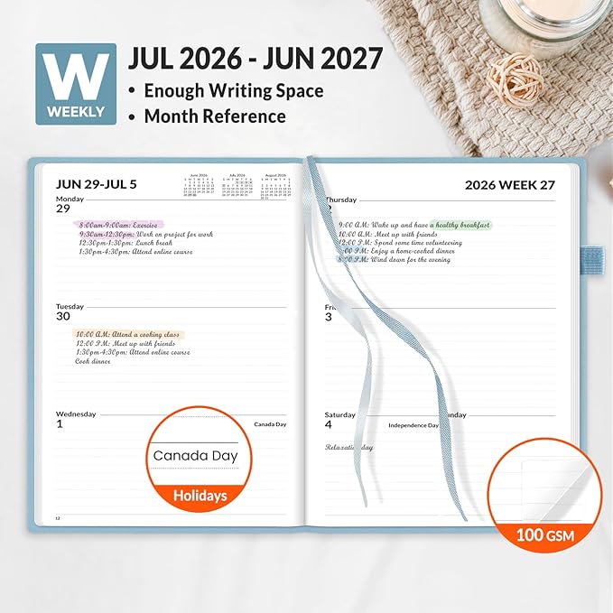 SUNEE 2026-2027 Weekly & Monthly Hardcover Planner 5.5" x 8.3" - 12 Month (July 2026 - June 2027), Small Academic Year Calendar Planner, Pocket, Notes, 100 GSM Paper, Sage Blue