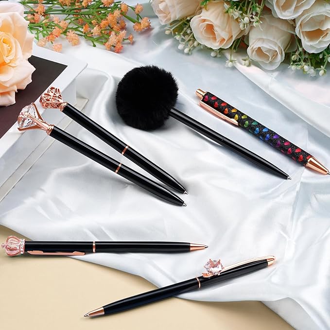 WEMATE 8Pcs Ballpoint Pens Set Metal Crystal Diamond Pen Glitter for Journaling Black Pen Bling in Black & Blue Ink Pretty Cute Pens Fancy Pens Gifts for Women Wedding School Office Desk(Black)