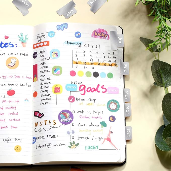 Outus 24 Pieces Monthly Adhesive Tabs for Planner - Designer Accessories Monthly Tabs Stickers Decorative for Office Planners Organizations Sturdy Notebook Planners Journal(Silver)