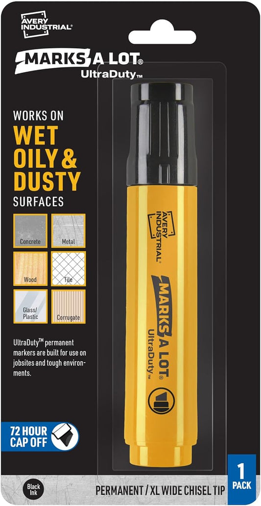 Avery Marks A Lot UltraDuty Permanent Markers, XL Wide 18mm Chisel Tip, Water Resistant, 1 Black Industrial Marker (29865)