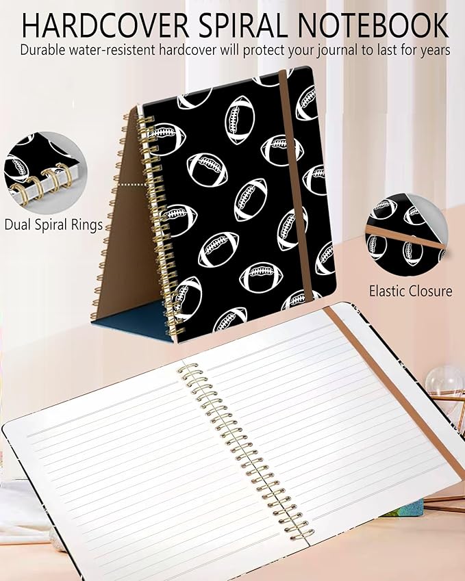 Spiral Journal Notebook, A5 Cute Notebooks for Women Men, College Ruled Hardcover Notebook for Work & Note Taking, 60 Pages Double-Wire Journals for Writing, White Black Football
