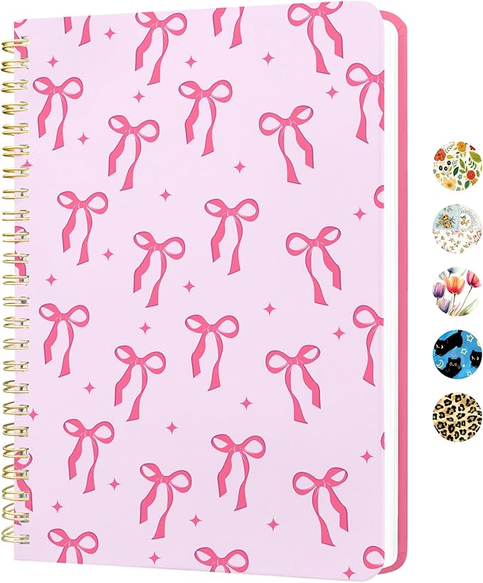 Stanoha Cute Spiral Notebook A5 Journal for Women Girls Kawaii Aesthetic Pretty Floral Design with Pocket, 8.5 x 5.7 inch, Graph, Bow
