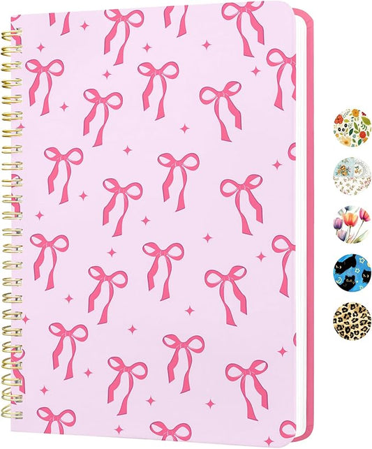 Stanoha Cute Spiral Notebook A5 Journal for Women Girls Kawaii Aesthetic Pretty Floral Design with Pocket, 8.5 x 5.7 inch, Graph, Bow