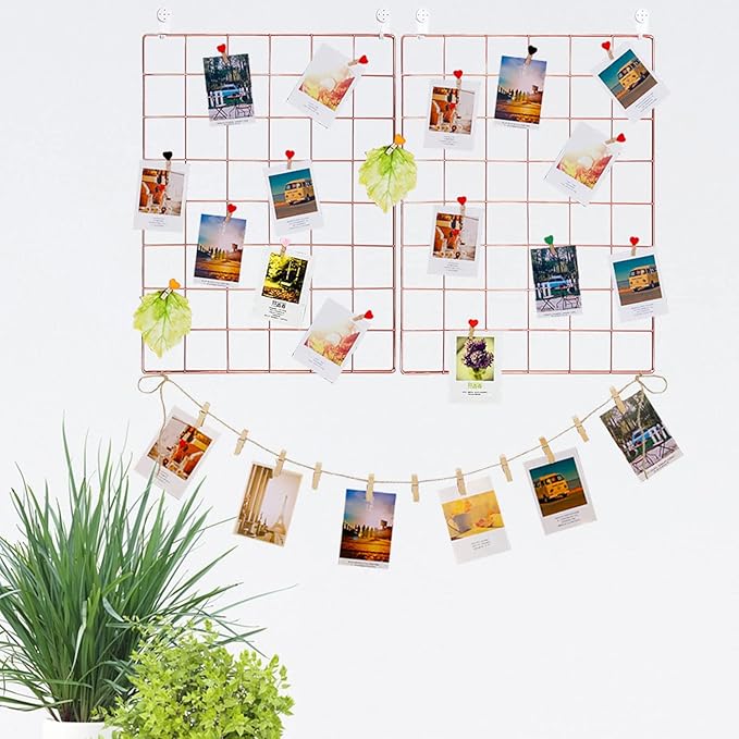 DIJIAHUA 2 Pack Wall Grid Panel Wire Photo Wall Pictures Display Board with Accessory Wall Storage Organizer Memo Board Over Desk Décor for Home, Office and Dorm (Rose Gold)