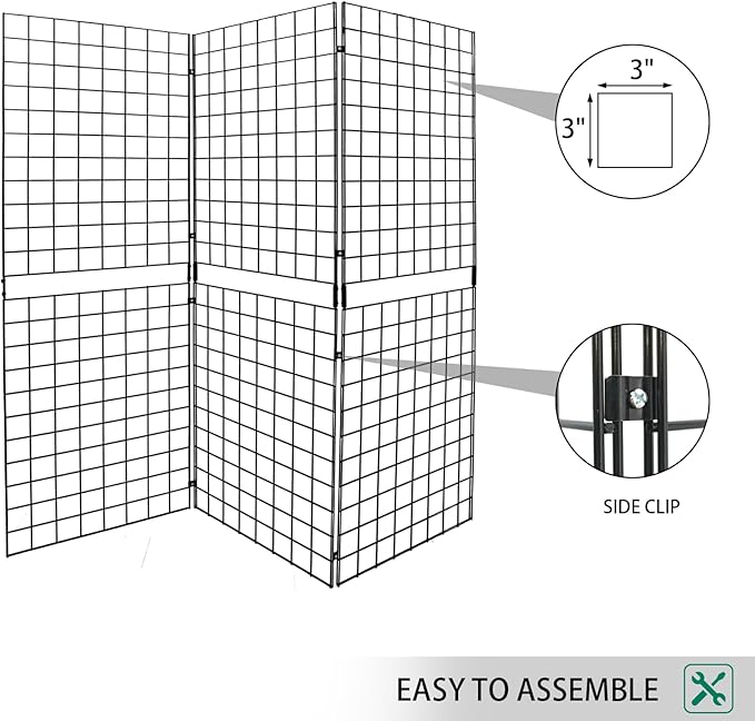 Heavy Duty Portable Gridwall Display Panels – 3 × 2' × 6' Black Metal Wall & Freestanding Display for Retail, Trade Shows, Art Studios, Garage & Home Organization, Black Finish