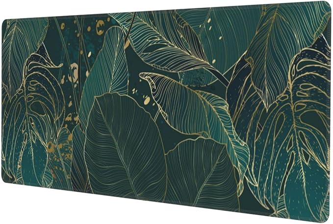 Tropical Monstera Leaves Gold Green XXL XL Large Gaming Mouse Pad for Desk, Non-Slip Long Extended Keyboard Pads Mousepad Rubber Table Mat 31.5 X 11.8 Inch