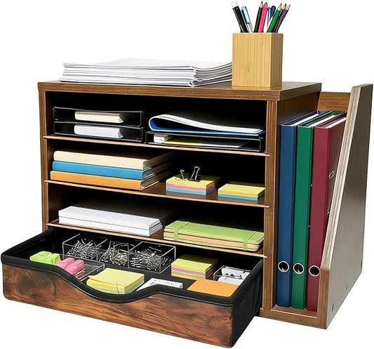 File Organizer with Drawer, Office Wood Desk Organizer with drawers, with 4 Adjustable Shelves, Mail Sorter with Drawer, Office Desk Paper Holder, Brown