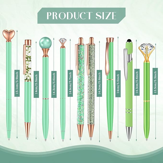 Janmini 9 Pcs Ballpoint Pens Set Metal Crystal Diamond Glitter Pens for Journaling Black Ink Pretty Cute Things Fancy Stationery Gifts for Women Girls Birthday Home Office Desk(Green)