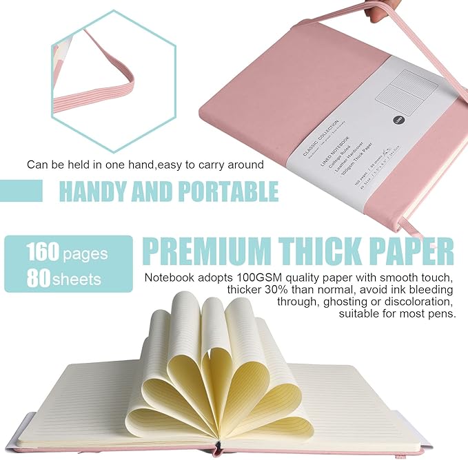 Lined Journal Notebook, 6Pack Hardcover Notebook for Men & Women – Journals for Writing, Work, School, Home & Daily Notes, 160 Pages – Medium A5, 5.7"x8", 100 gsm Thick Paper (pink)