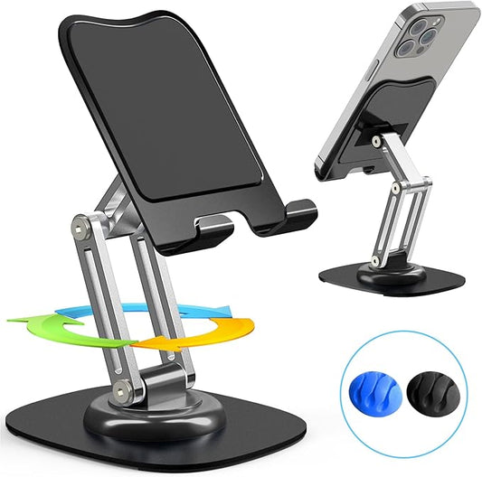 Metal Cell Phone Stand for Desk, Adjustable Foldable Desktop Phone Holder, 360 Degree Rotating Phone Stand for Recording Compatible with iPhone 17 16 15 14 13 12 11 Pro, Black