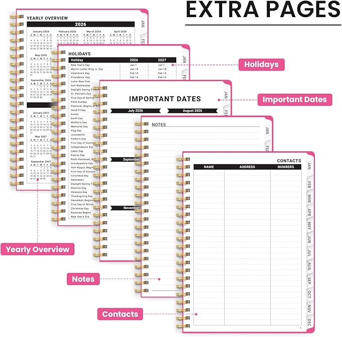 2026 Planner, Weekly and Monthly Calendar Planner, January 2026 - December 2026, Hardcover 2026 Calendar Book with Tabs For Women & Men, Inner Pocket, Spiral Bound, Perfect for Office Home School Supplies - A5 (6.3" x 8.5"), Berry Pink