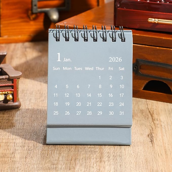 Mini Desk Calendar 2026-2027 - Use January 2026 to June 2027, Small Desktop Calendar Thick Paper Twin-Wire Binding with Stickers for Home Office School (Mini Grey)